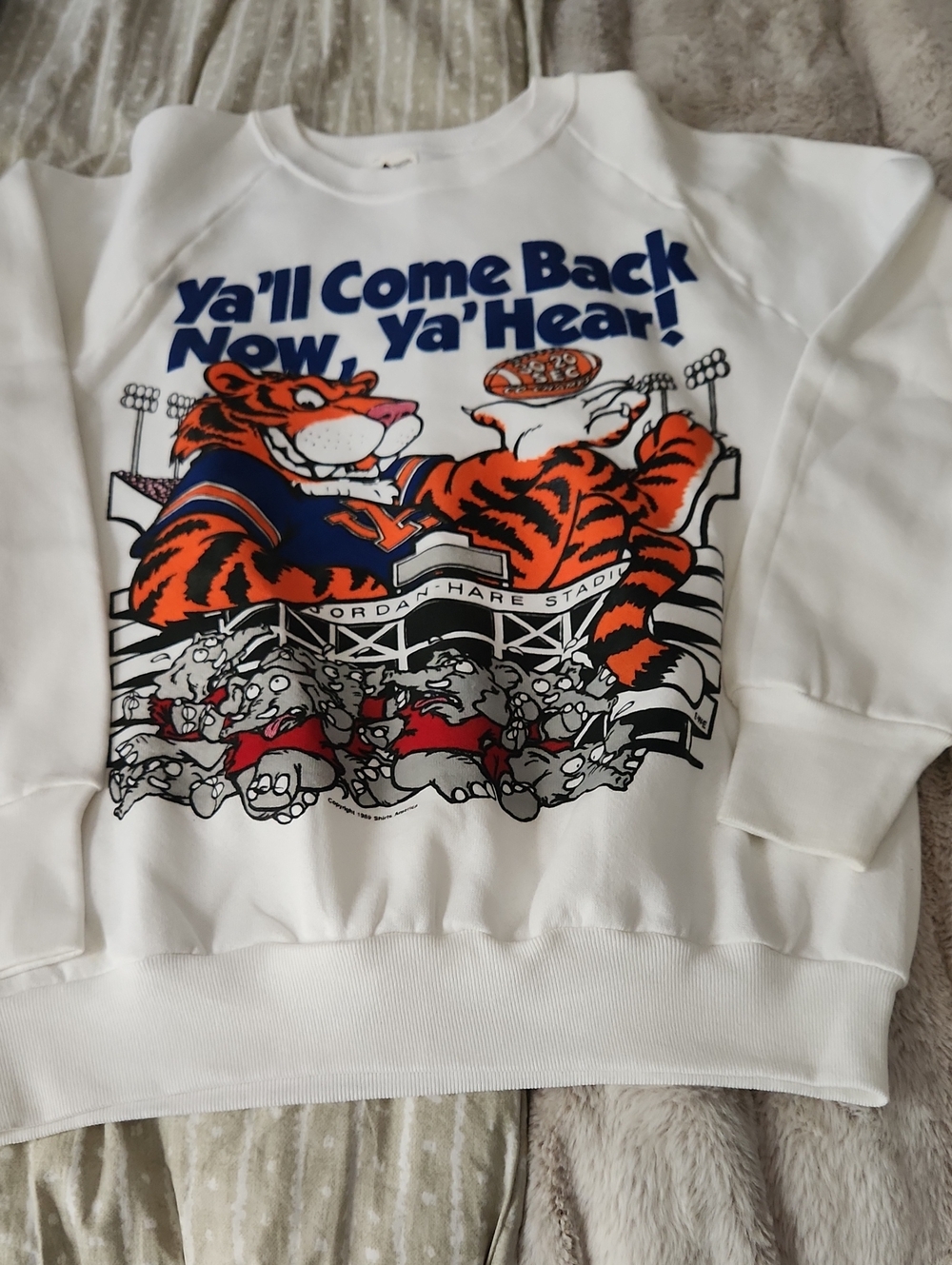 Fruit of the Loom White Adult Med Sweatshirt with Orange & Navy Tiger Graphic